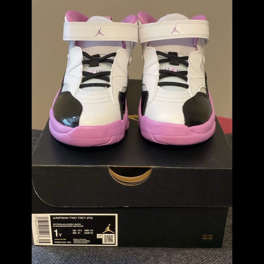 Nike Kids Jumpman Two Trey Sneaker- white/black/grape/fuchsia